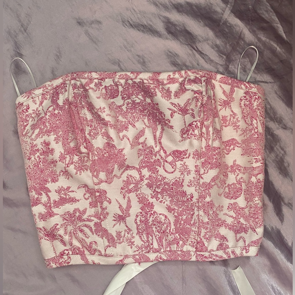 Pink & White Corset Top w/ Silk Lace Back